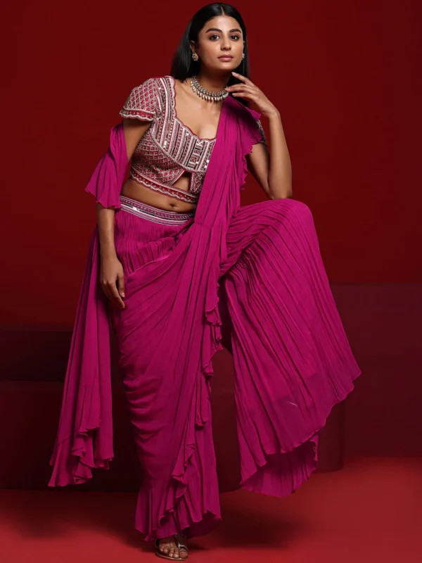 Pink Embellished Silk Blend Palazzo Saree - Image 2