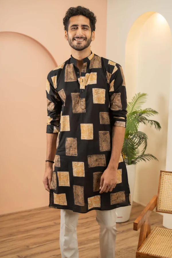 The Black Long Kurta With Golden Floral Blocks Print