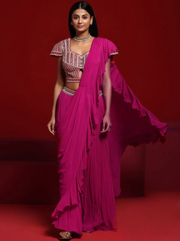 Pink Embellished Silk Blend Palazzo Saree - Image 3