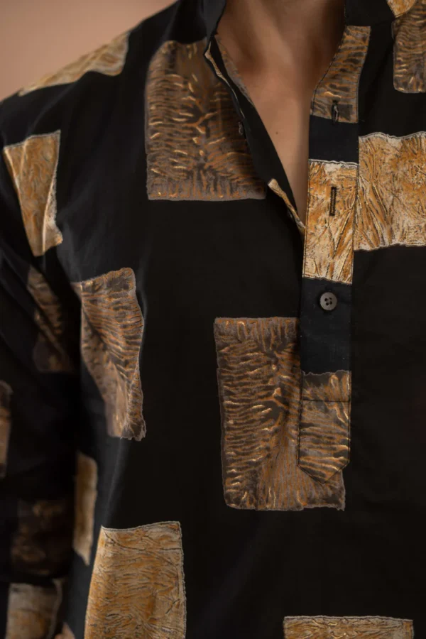 The Black Long Kurta With Golden Floral Blocks Print - Image 3