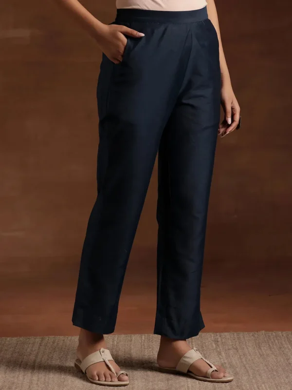 Blue Solid Silk Trousers - Image 3