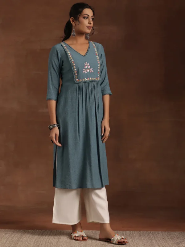 Blue Yoke Design Cotton Straight Kurta - Image 7