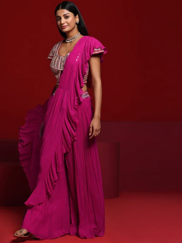 Pink Embellished Silk Blend Palazzo Saree - Image 4
