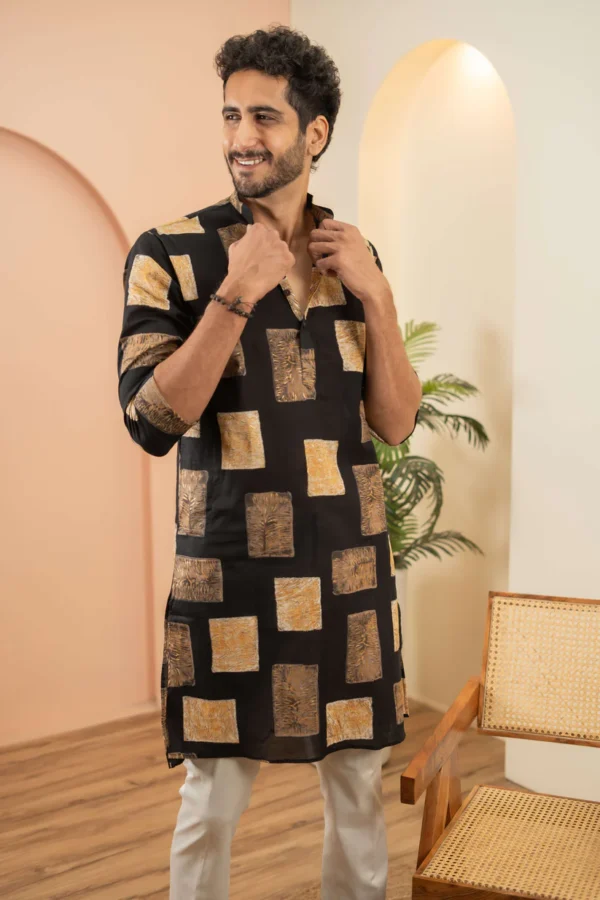 The Black Long Kurta With Golden Floral Blocks Print - Image 4
