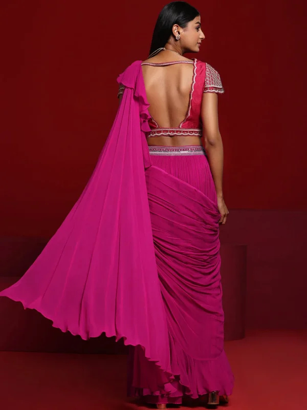 Pink Embellished Silk Blend Palazzo Saree - Image 5