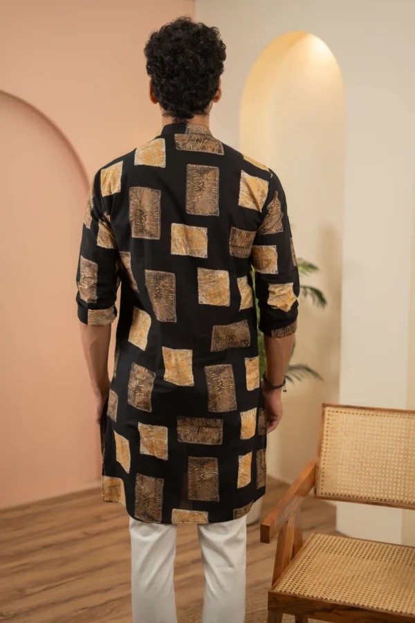 The Black Long Kurta With Golden Floral Blocks Print - Image 5