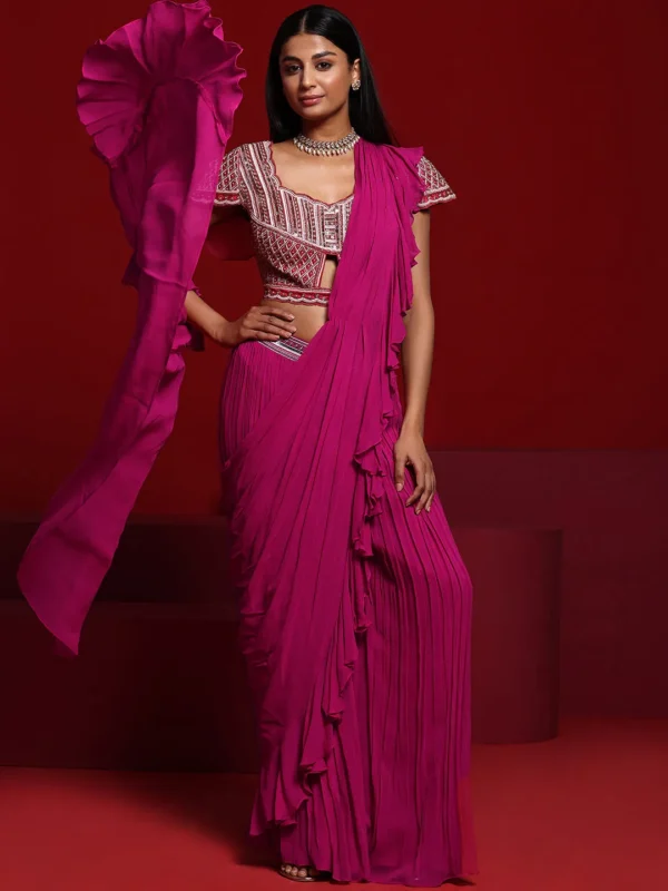 Pink Embellished Silk Blend Palazzo Saree - Image 6