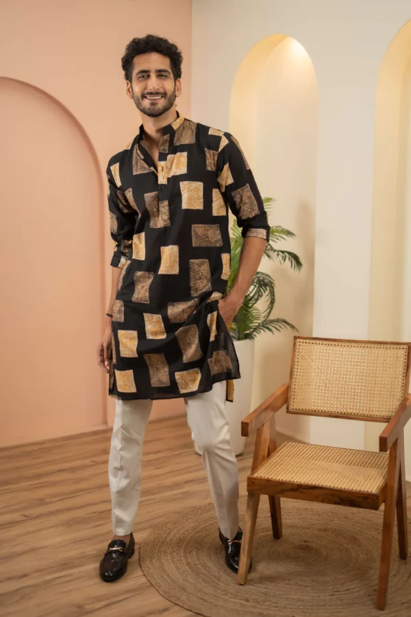 The Black Long Kurta With Golden Floral Blocks Print - Image 6