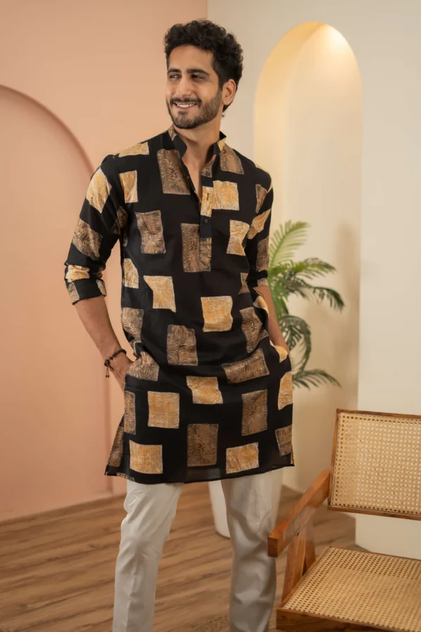 The Black Long Kurta With Golden Floral Blocks Print - Image 7