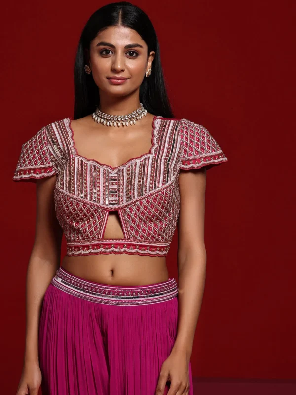 Pink Embellished Silk Blend Palazzo Saree - Image 7