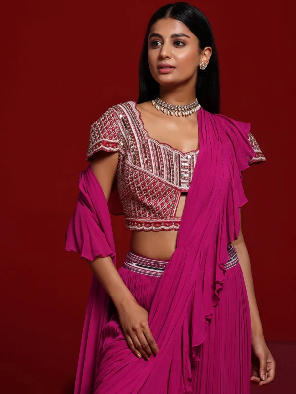 Pink Embellished Silk Blend Palazzo Saree - Image 8