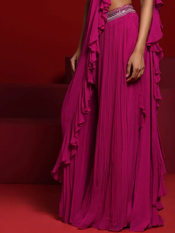 Pink Embellished Silk Blend Palazzo Saree - Image 9
