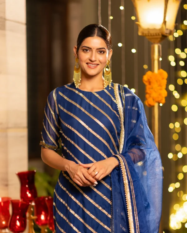 Women Stripe Royal Blue Suit Set - Image 2