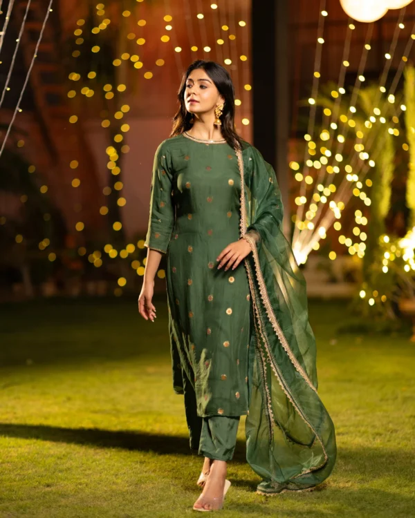 Women Emerald Green Organza Suit Set - Image 6