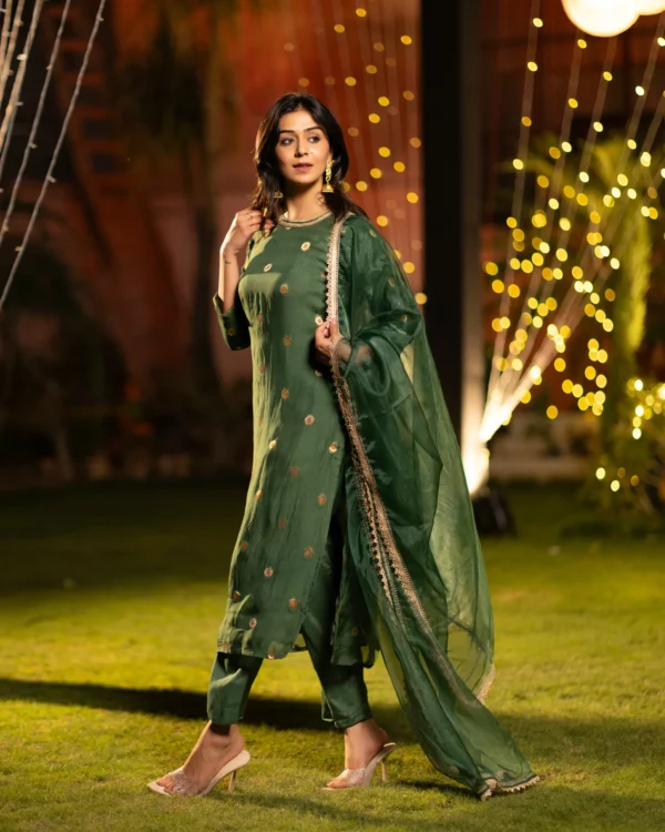 Women Emerald Green Organza Suit Set - Image 5