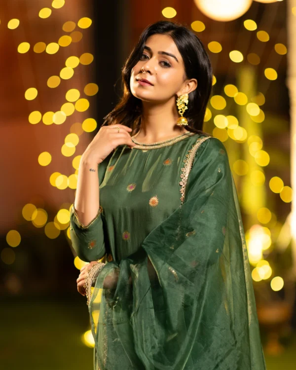 Women Emerald Green Organza Suit Set - Image 4