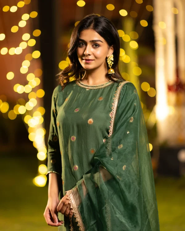 Women Emerald Green Organza Suit Set - Image 2