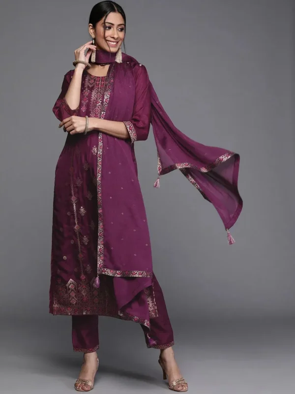 Women Purple Self Design Silk Straight Suit With Dupatta - Image 3