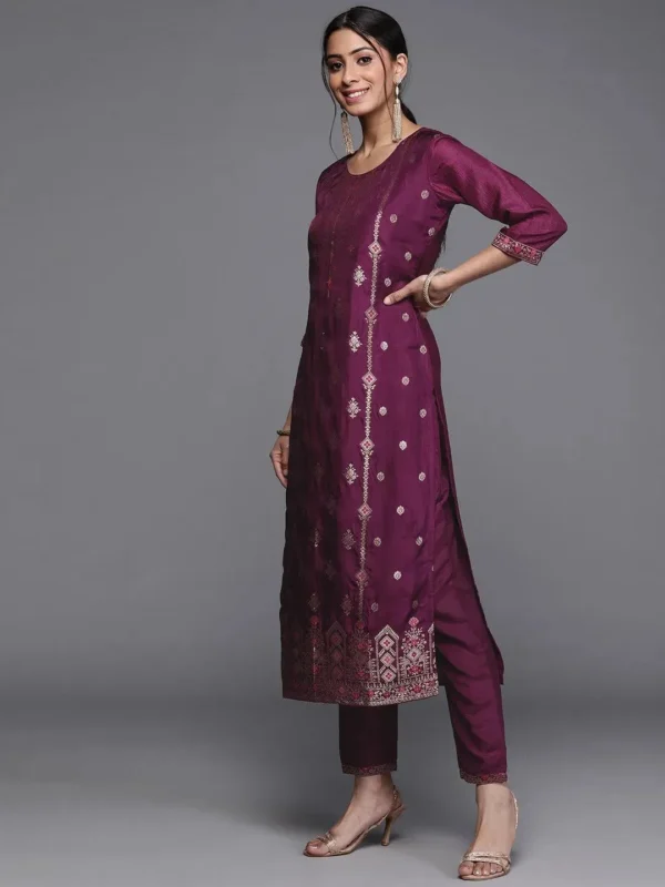 Women Purple Self Design Silk Straight Suit With Dupatta - Image 4