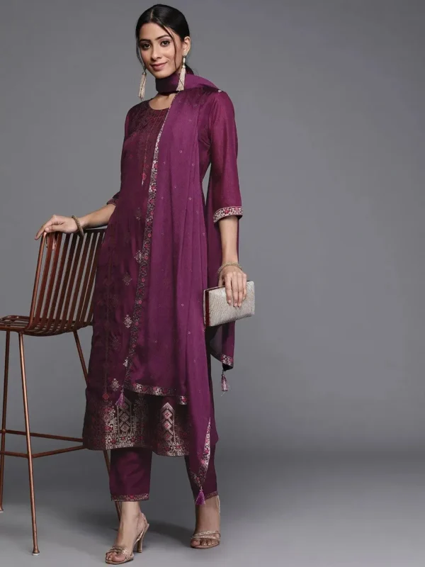Women Purple Self Design Silk Straight Suit With Dupatta