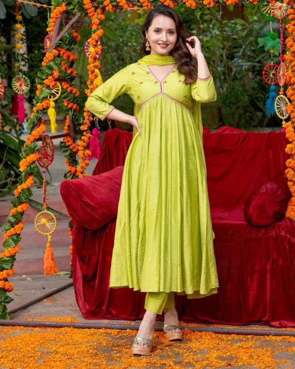 Women Neon Green Embroidered Suit Set