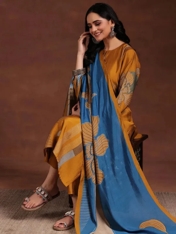 Women Mustard Printed Silk Blend Straight Suit With Dupatta