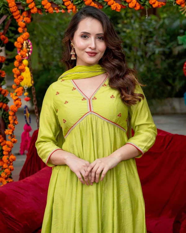 Women Neon Green Embroidered Suit Set - Image 2