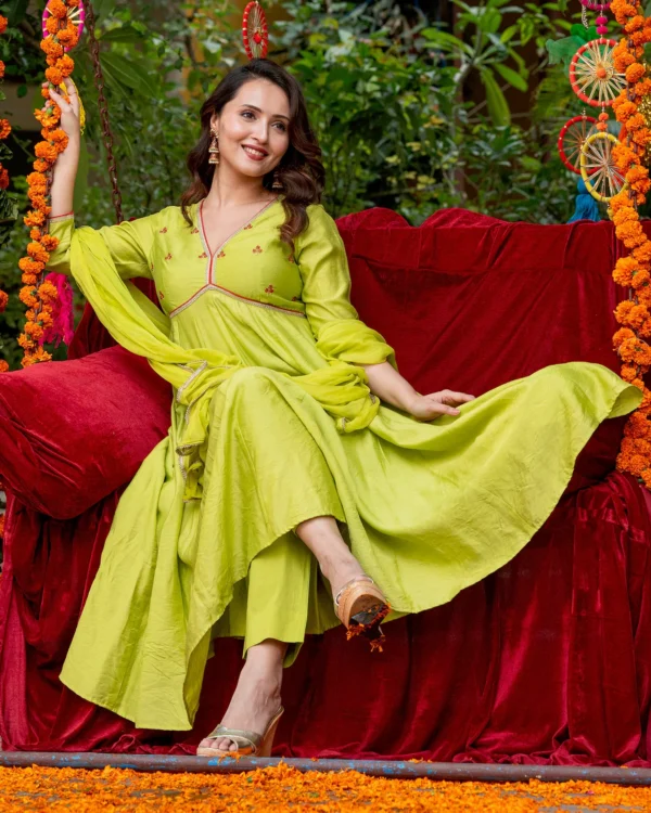 Women Neon Green Embroidered Suit Set - Image 3
