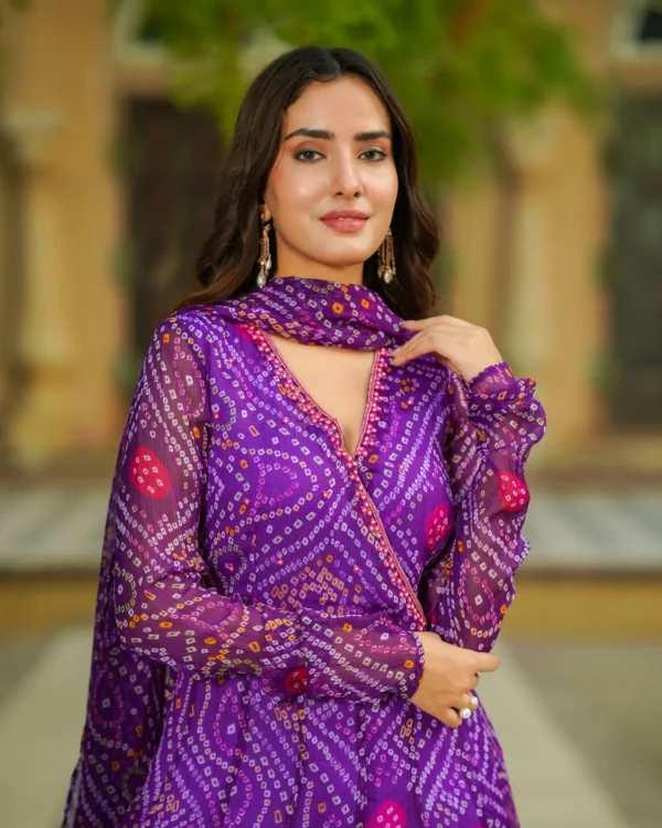 Women Purple Bandhej Chiffon Suit Set - Image 2