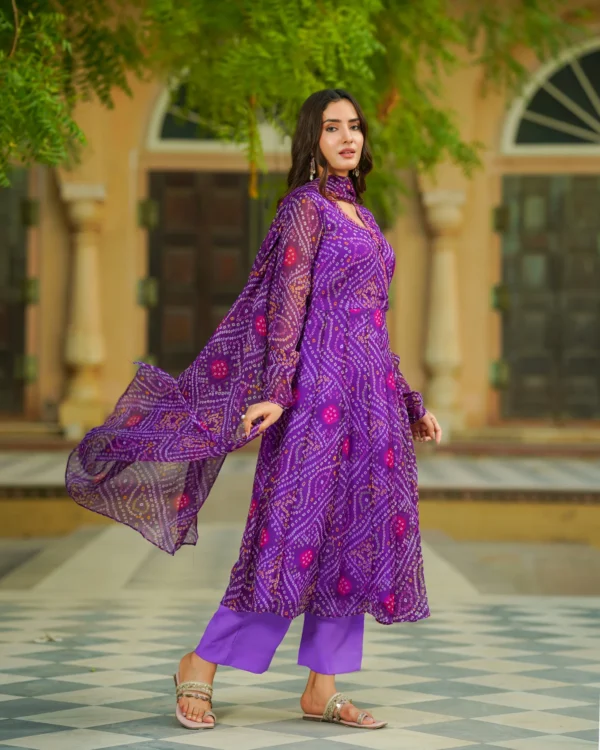 Women Purple Bandhej Chiffon Suit Set - Image 5