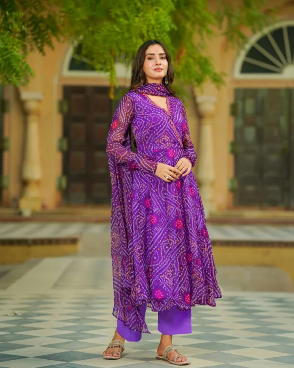 Women Purple Bandhej Chiffon Suit Set
