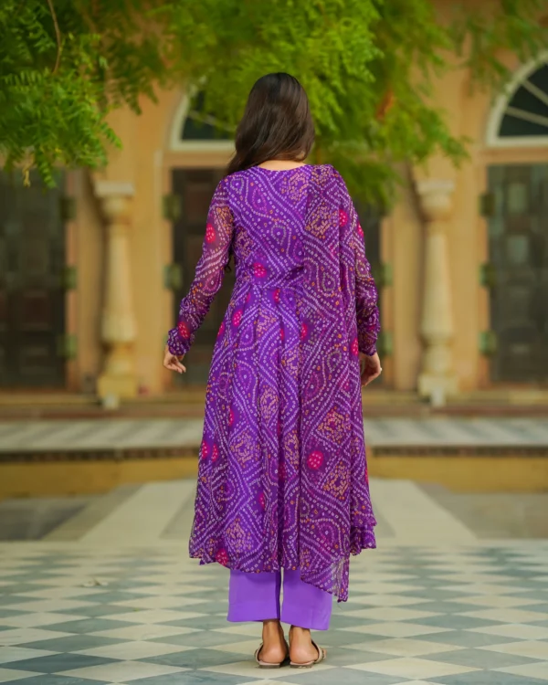 Women Purple Bandhej Chiffon Suit Set - Image 3