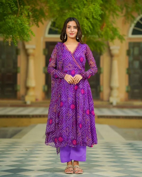 Women Purple Bandhej Chiffon Suit Set - Image 6