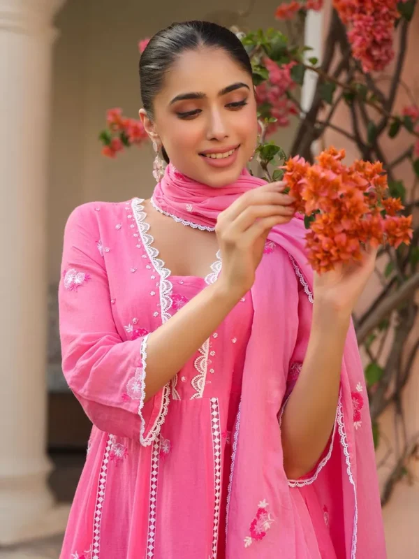 Women Pink Embroidered Cotton Mulmul Suit- Set - Image 4