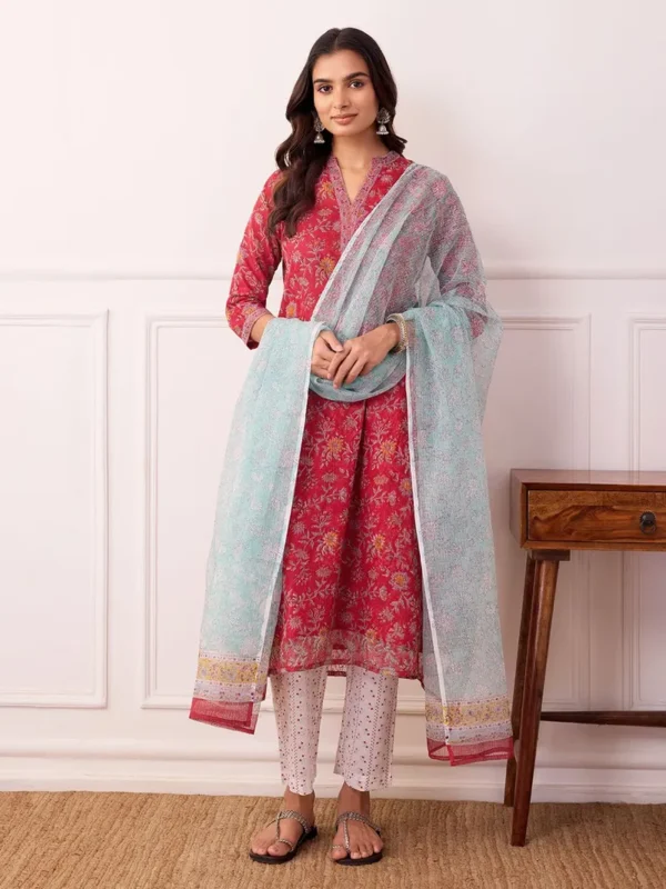 Women Red Hand Block Printed Kota Doria Suit - Set