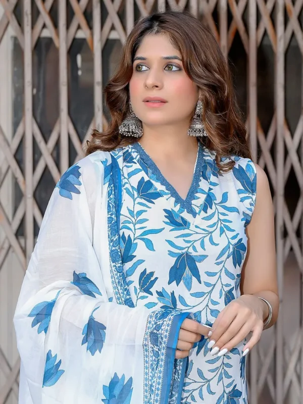 Women White Blue Printed Cotton Suit - Set - Image 4