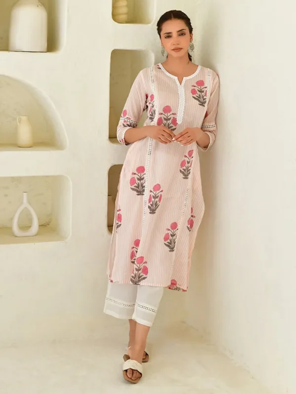 Women Pink Hand Block Printed Cotton Suit Set - Image 4