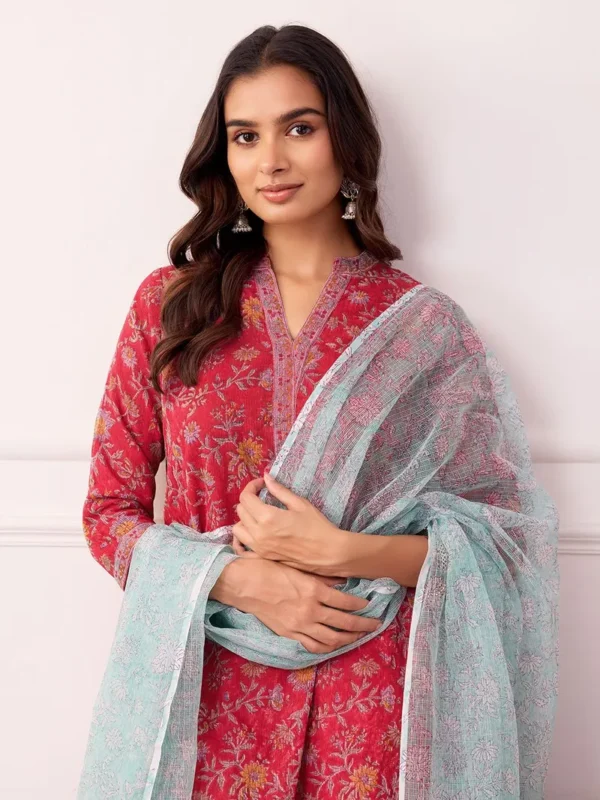 Women Red Hand Block Printed Kota Doria Suit - Set - Image 6