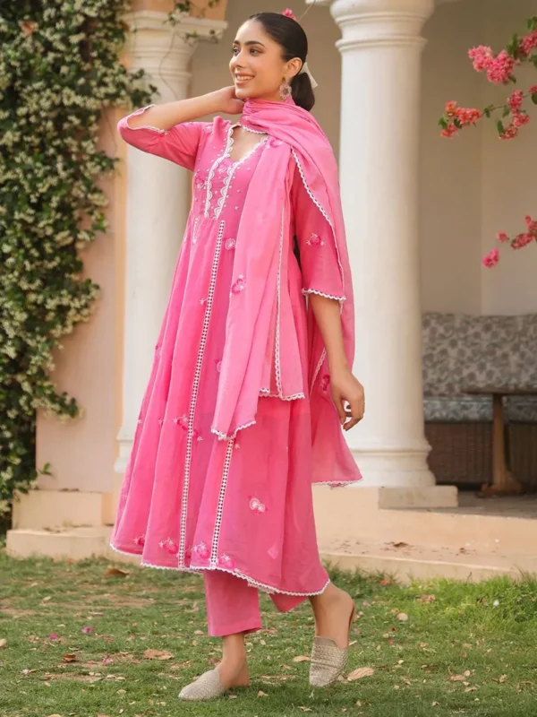 Women Pink Embroidered Cotton Mulmul Suit- Set - Image 3