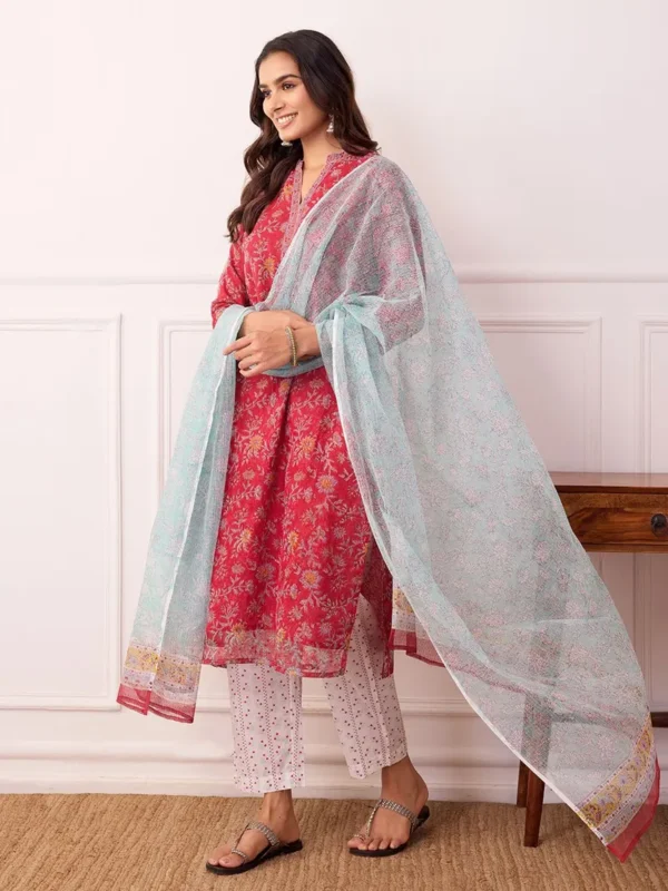 Women Red Hand Block Printed Kota Doria Suit - Set - Image 4