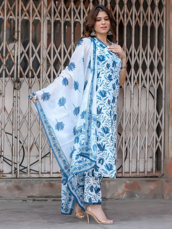 Women White Blue Printed Cotton Suit - Set - Image 3