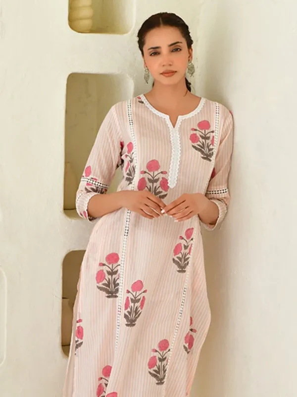 Women Pink Hand Block Printed Cotton Suit Set - Image 3