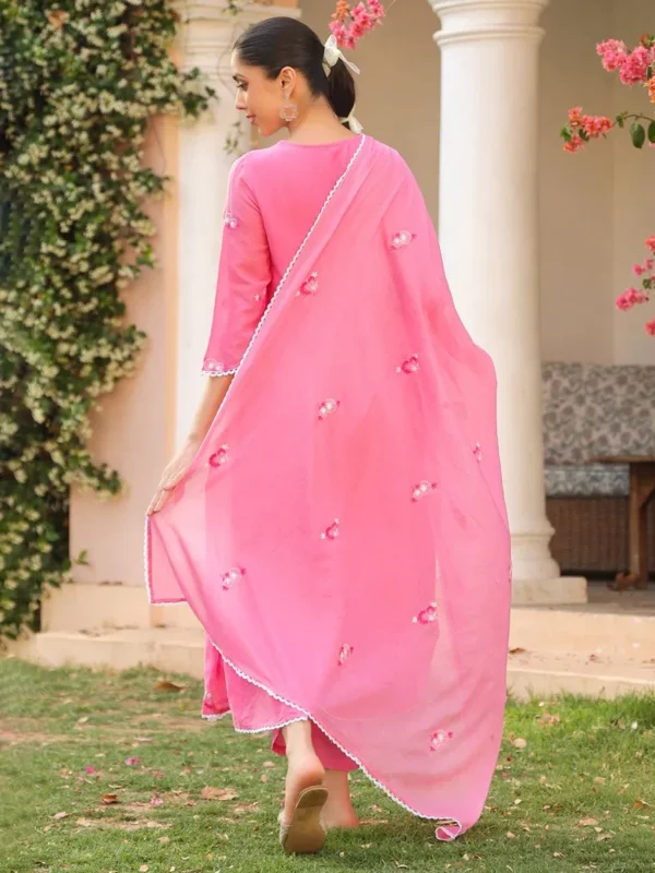 Women Pink Embroidered Cotton Mulmul Suit- Set - Image 2
