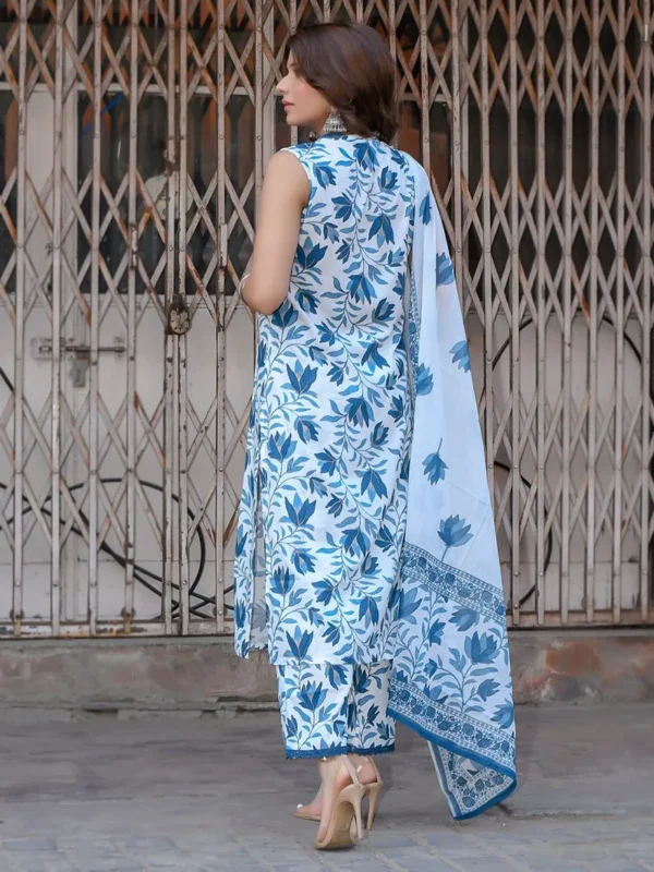 Women White Blue Printed Cotton Suit - Set - Image 2
