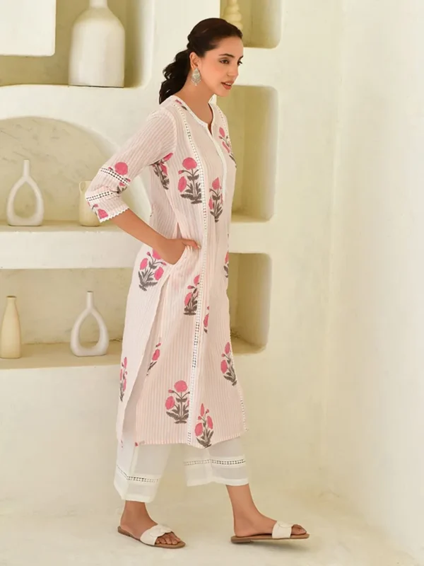 Women Pink Hand Block Printed Cotton Suit Set - Image 2