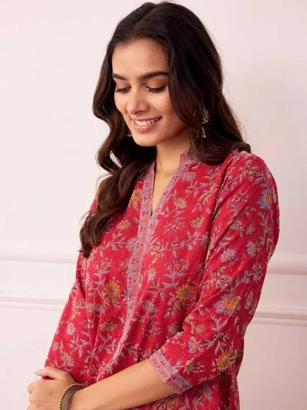 Women Red Hand Block Printed Kota Doria Suit - Set - Image 3