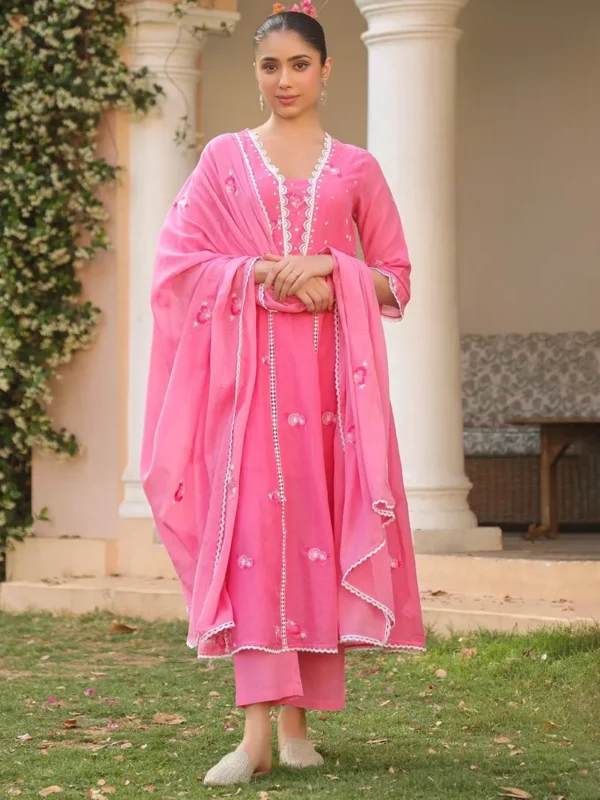 Women Pink Embroidered Cotton Mulmul Suit- Set