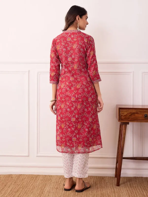 Women Red Hand Block Printed Kota Doria Suit - Set - Image 2