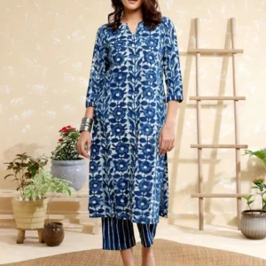 Women Blue Hand Block Printed Cotton Kurta with Pants – Set