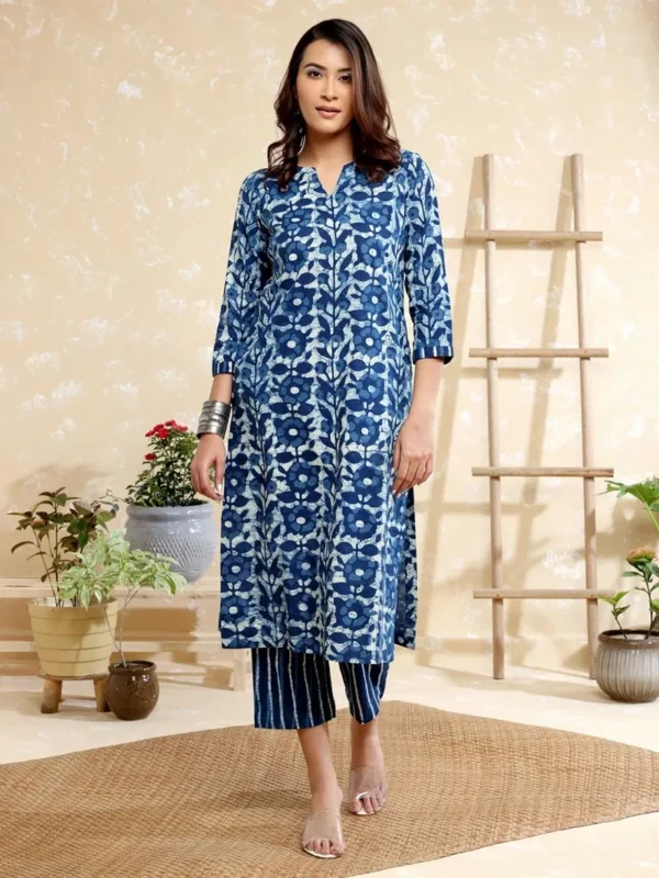 Women Blue Hand Block Printed Cotton Kurta with Pants – Set